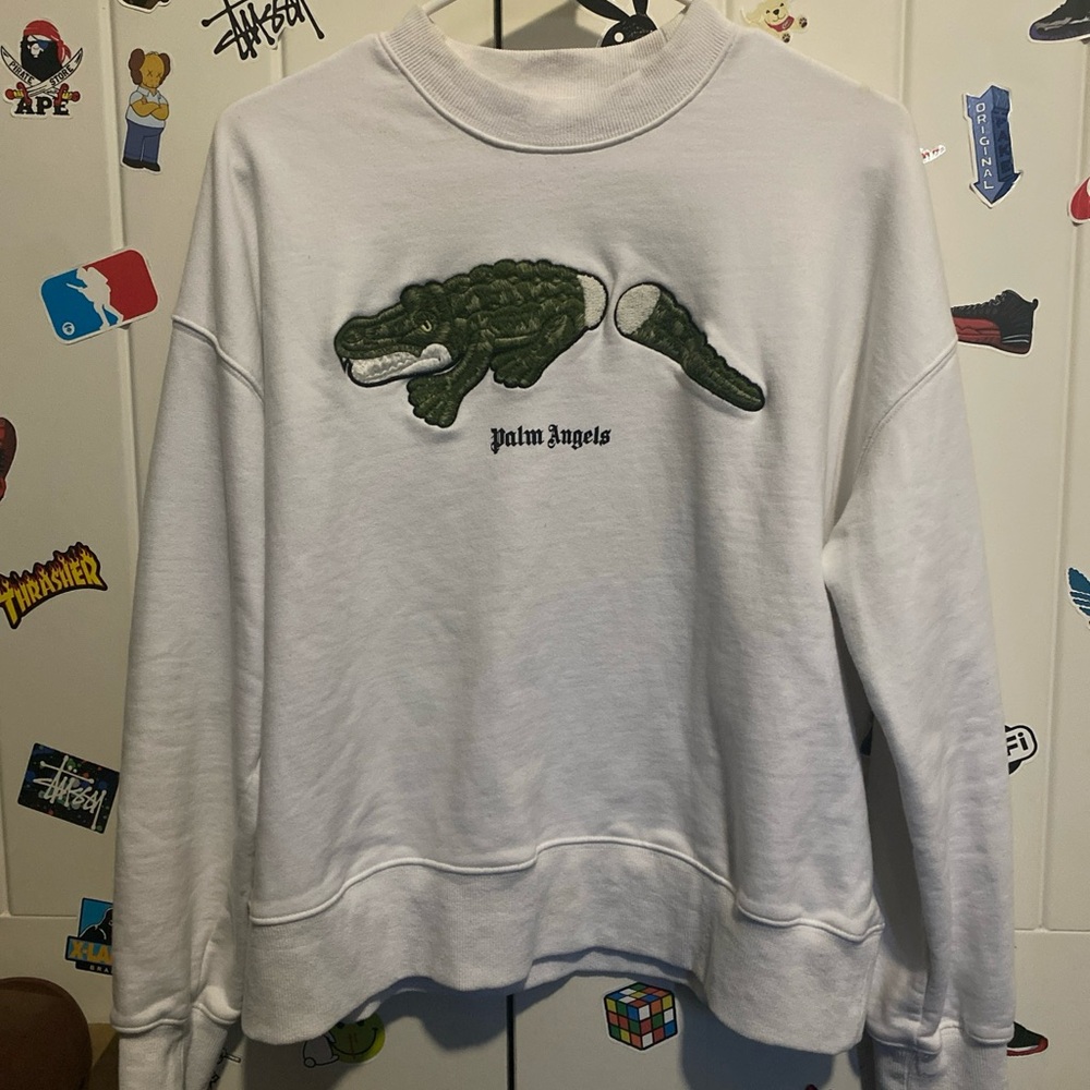 Palm Angels White Sweatshirt with Green Crocodile Patch